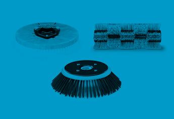 collage of disk and cylindrical brushes for floor cleaning machines